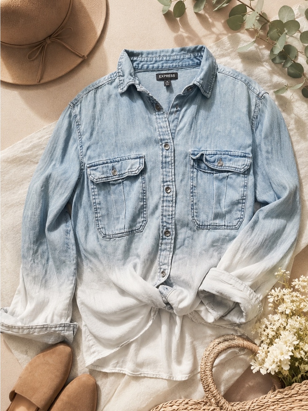 Express Blue and White Ombre Denim Button-Up Shirt